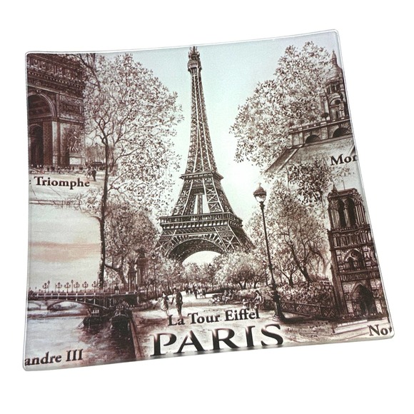 Glass Jewelry Dish, Eiffel Tower Paris France Trinket Tray Soap, Vanity Catchall - Picture 2 of 4